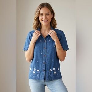 Vintage Erika & Co Embroidered Blue Cotton Denim Short Sleeve Shirt Medium
